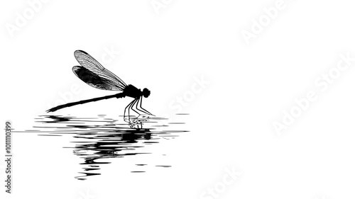 A dragonfly skims the water's surface, its legs just barely touching, vector illustration art