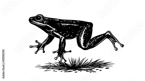 Frog in mid-leap across moist ground, legs fully extended in motion, vector illustration art