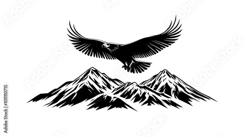 Golden eagle soaring on thermal currents over rugged mountains, vector illustration art