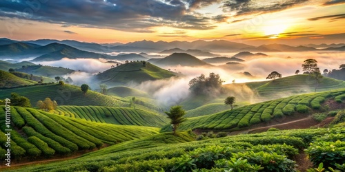Misty highlands embrace Cau Dat Tea Hills, where lush green plantations cascade through the valley, creating a