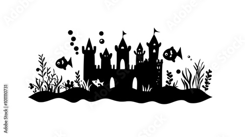 Goldfish navigating through an underwater castle decoration, vector illustration art