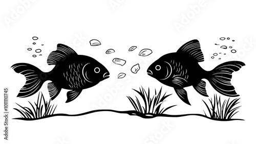 Goldfish eating flakes from the water surface of an aquarium, vector illustration art