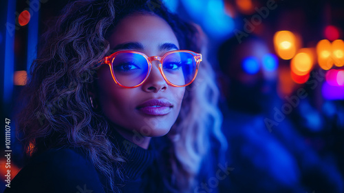 Portrait of a confident woman with curly hair and glasses in a vibrant neon-lit setting, colorful lights creating a moody urban atmosphere.