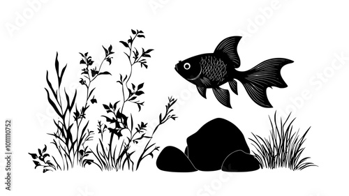 Goldfish hovering in place near a decorative rock, fins moving steadily, vector illustration art