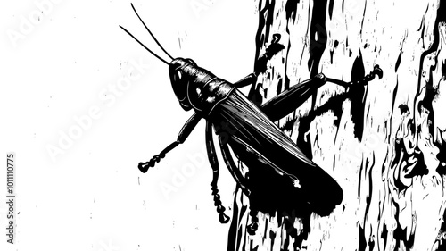 Grasshopper camouflaged against tree bark background, vector illustration art