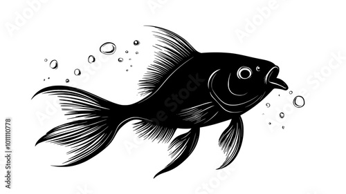 Goldfish resting near bottom of tank, fins spread out, vector illustration art