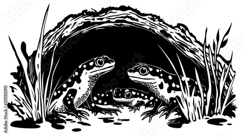 Group of salamanders clustered under rotting tree bark in a forest, vector illustration art