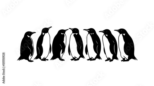 A group of penguins huddles together on an ice sheet, facing the same direction, vector illustration art