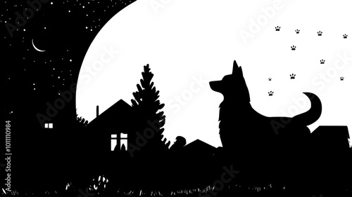Guard dog patrolling the perimeter of a property at night, vector illustration art