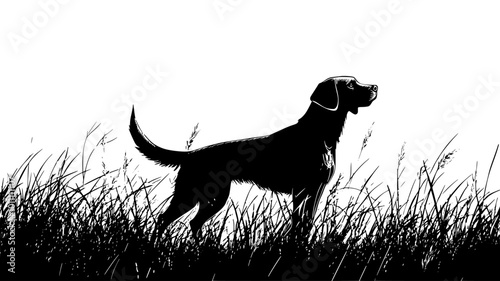 Hunting dog on point, indicating the presence of a game bird, vector illustration art