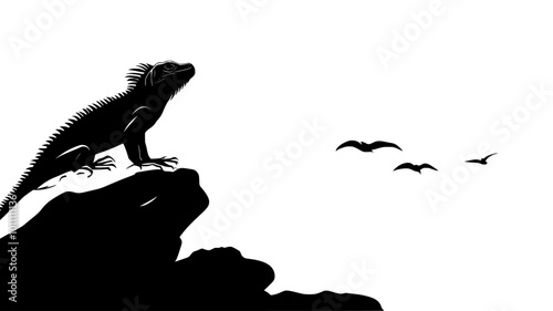 Iguana basking on a rock near the ocean, vector illustration art