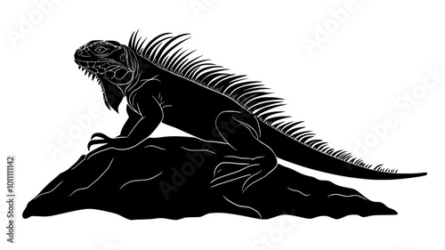 Iguana basking on a rock with its dorsal spines erect, vector illustration art
