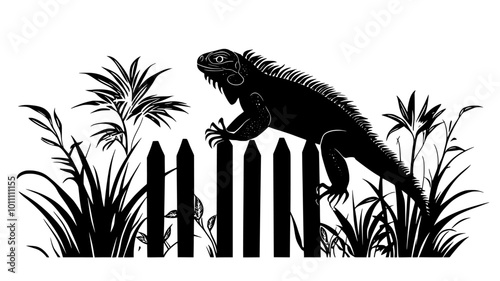 Iguana on a fence post in a suburban backyard, vector illustration art