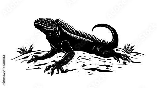 Iguana digging a burrow in sand with powerful legs, vector illustration art