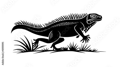 Iguana running bipedally across the ground on hind legs, vector illustration art