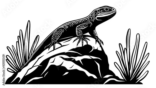 Lizard climbing a vertical rock face in the desert, vector illustration art