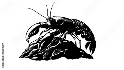 Lobster gripping rock with claws, adjusting position slowly, vector illustration art