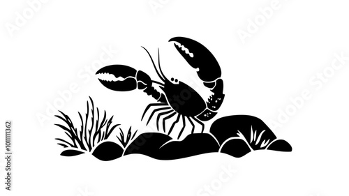Lobster near rocks on the seabed, claws open while moving slowly, vector illustration art