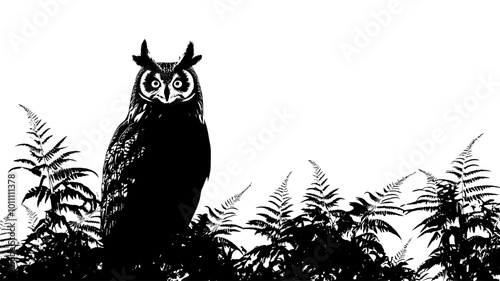 Long-eared owl roosting in dense forest undergrowth, vector illustration art