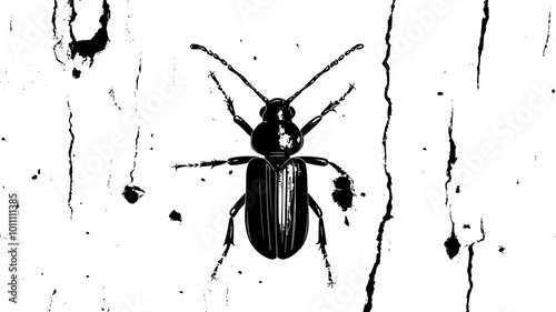 Longhorn beetle with antennae extended on tree bark, vector illustration art