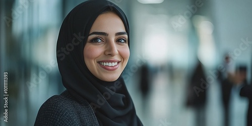 workplace conversation between a smiling Middle Eastern businesswoman in hijab and her coworker during a meeting emphasizing business leadership and corporate communication photo