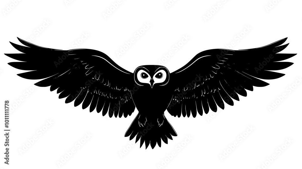 Fototapeta premium Owl in flight with wings spread silently approaching prey, vector illustration art