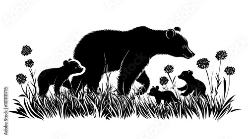Mother bear with cubs foraging for berries in a meadow, vector illustration art