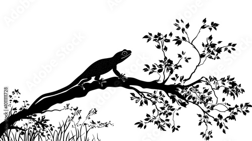 A newt climbing up a fallen branch in a forested area, body stretched forward, vector illustration art