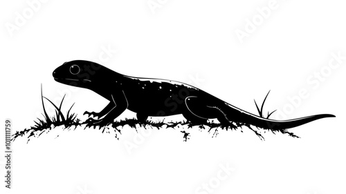 Newt standing on a patch of moss, looking forward with its tail trailing behind, vector illustration art