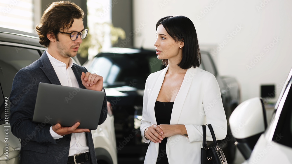 Fototapeta premium A confident car dealer discusses discounts and benefits of a new car with the buyer. This exchange highlights the excitement of buying and test-driving a new car.