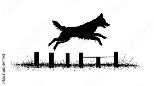 Police dog in training, leaping over an obstacle course, vector illustration art