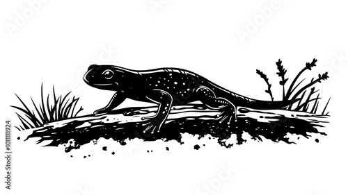 Salamander crawling on a fallen log covered in moss, vector illustration art