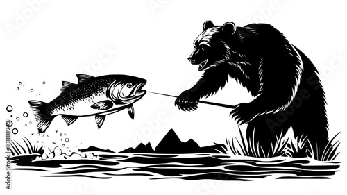 Salmon being caught by a bear in the river, vector illustration art