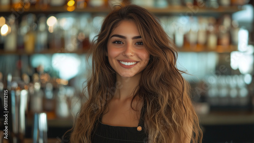 Middle Eastern Woman Bartender - bar, woman, smile, brunette, long hair, casual, bartender, cafe, lifestyle, indoors, happy, young adult, leisure, bar background, warm lighting