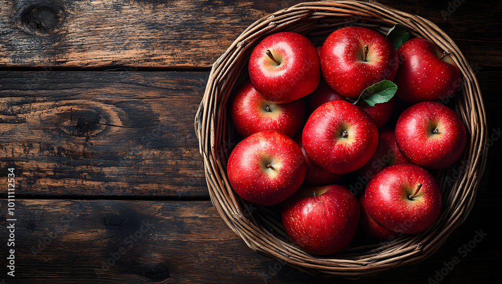 A basket of apples displayed on a wooden table, captured from a top view close-up, highlighting the vibrant colors and textures of the apples. The natural wood grain of the table complements the fresh A basket of apples displayed on a wooden table, captured from a top view close-up, highlighting the vibrant colors and textures of the apples. The natural wood grain of the table complements the fresh