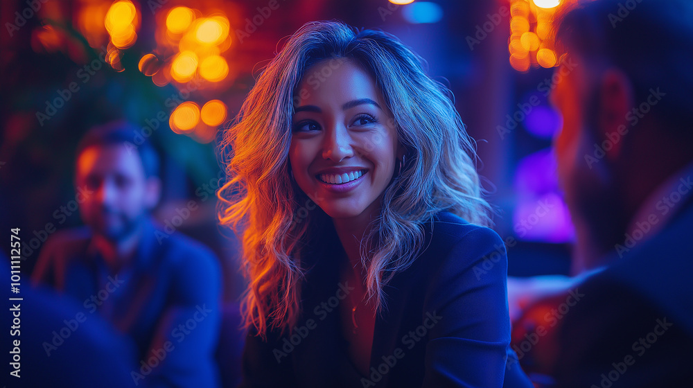 Smiling woman with wavy blonde hair in a neon-lit environment, surrounded by colorful lights, creating a cheerful and trendy atmosphere. Smiling woman with wavy blonde hair in a neon-lit environment, surrounded by colorful lights, creating a cheerful and trendy atmosphere.