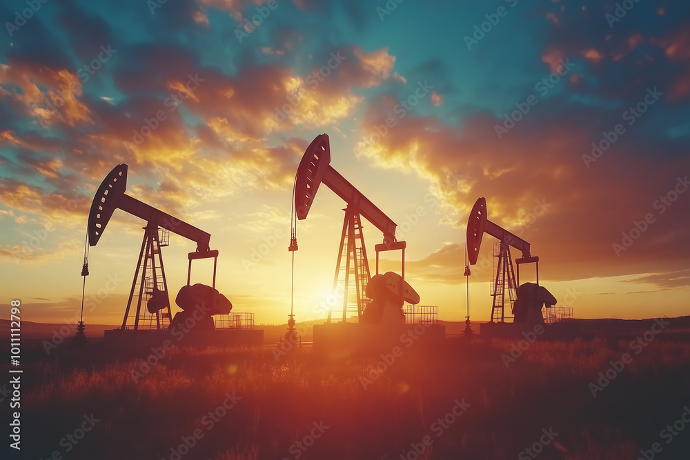 Silhouetted oil pump jacks operating at sunset in a vast field, creating a dramatic industrial scene with colorful skies Silhouetted oil pump jacks operating at sunset in a vast field, creating a dramatic industrial scene with colorful skies