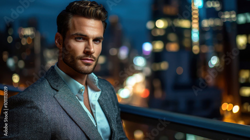 Handsome Man Looking at Camera in Suit on City Rooftop
