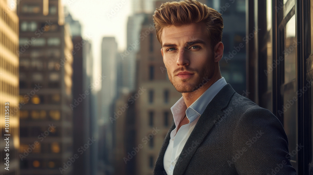 Fototapeta premium Handsome Young Man in Suit Looking at Camera