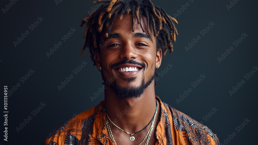 Mixed Race Man Artist - smiling, portrait, man, dreadlocks, beard, happiness, fashion, casual, confident, friendly, cheerful, studio, colorful, necklace, trendy Mixed Race Man Artist - smiling, portrait, man, dreadlocks, beard, happiness, fashion, casual, confident, friendly, cheerful, studio, colorful, necklace, trendy