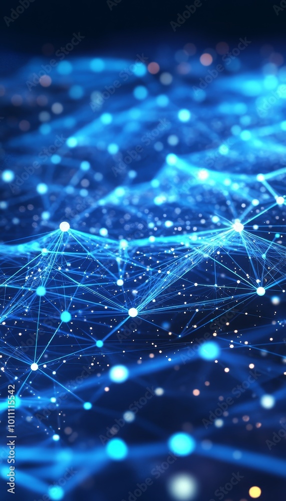 Abstract Technology Background. 3D Render with Glowing and Interconnected Nodes on Wavy Surface. Abstract Technology Background. 3D Render with Glowing and Interconnected Nodes on Wavy Surface.