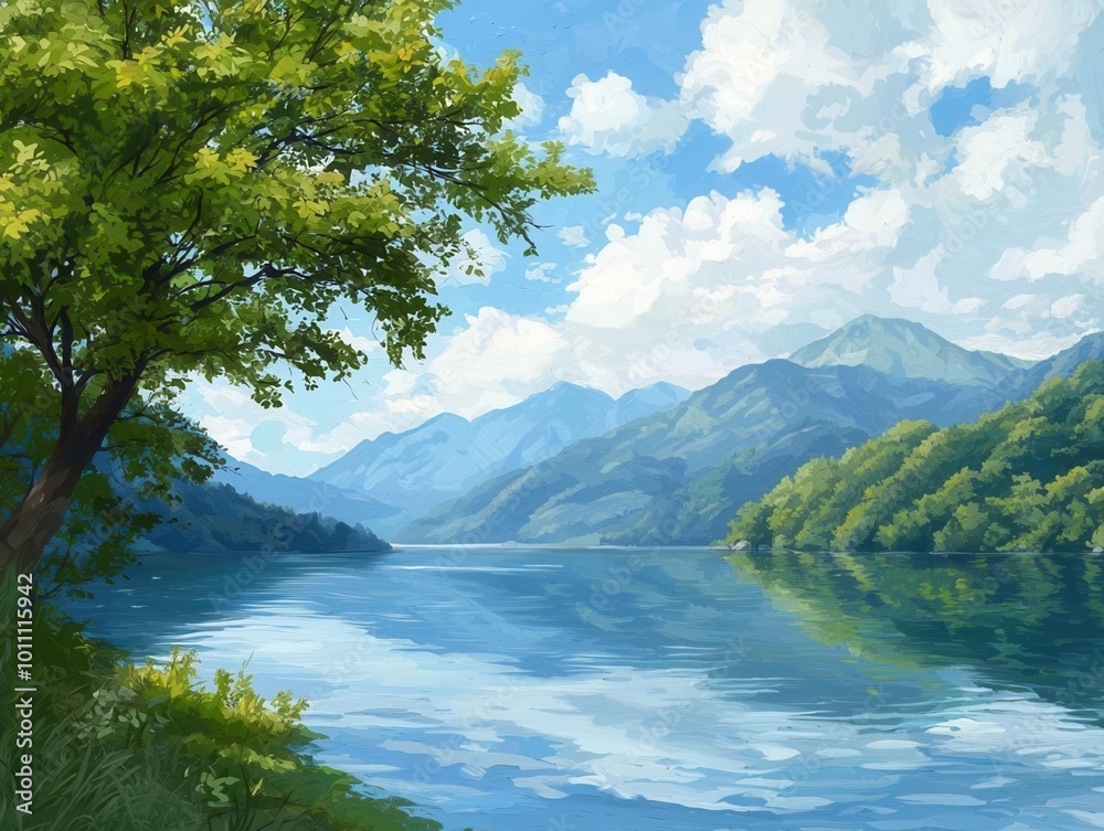 Fototapeta premium Flowing scenery of calm waters and gentle breezes in a serene environment, [lifestyle , calm , flowing], [nature-inspired peace], ,