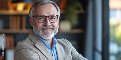 mature successful business executive wearing glasses and standing in the office confidently looking at the camera showcasing his role as a stylish corporate leader and manager photo