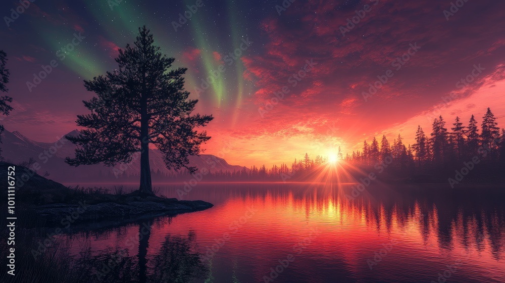 Radiant sunrise reflecting on the water as a tree stands majestically, with northern lights illuminating the backdrop, no people. Radiant sunrise reflecting on the water as a tree stands majestically, with northern lights illuminating the backdrop, no people.