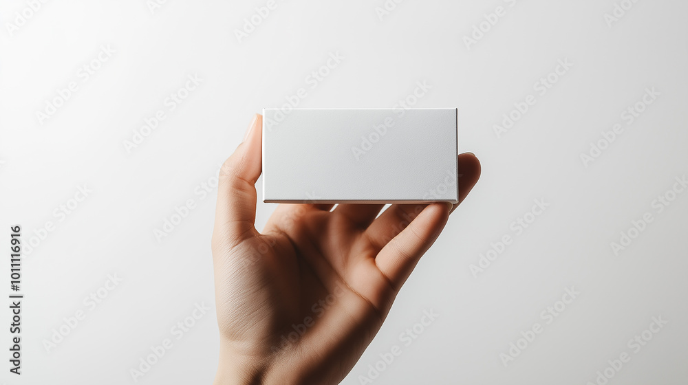 Minimalist hand holding a blank white rectangular box on a clean white background, perfect for product display or branding concepts. Minimalist hand holding a blank white rectangular box on a clean white background, perfect for product display or branding concepts.