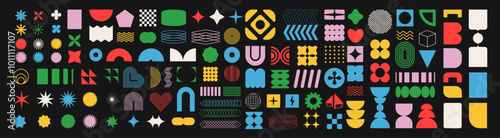 Brutalist abstract geometric shapes and grids. Bauhaus Minimalist Graphic Design Elements. Figure star oval spiral flower and other primitive elements