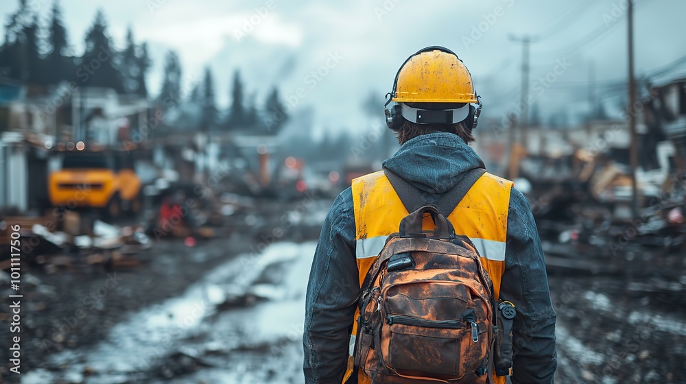 a reporter stands at disaster site wearing safety helmet ,press vest ready to broadcast live updates a reporter stands at disaster site wearing safety helmet ,press vest ready to broadcast live updates
