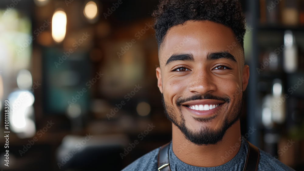 Mixed Race Man Barber - male, portrait, smiling, confident, indoor, casual, modern, lifestyle, young adult, bright eyes, curly hair, beard, happiness, expression, close-up Mixed Race Man Barber - male, portrait, smiling, confident, indoor, casual, modern, lifestyle, young adult, bright eyes, curly hair, beard, happiness, expression, close-up