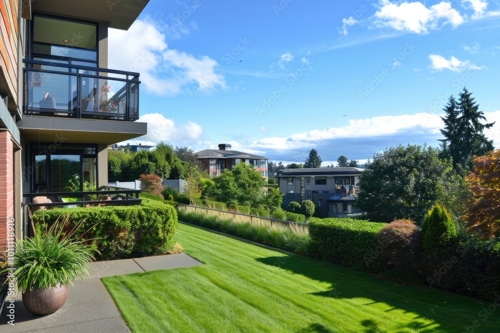 Fototapeta premium Apartment View. Nice Balcony Grass Outside with Pretty Tree and Blue Sky