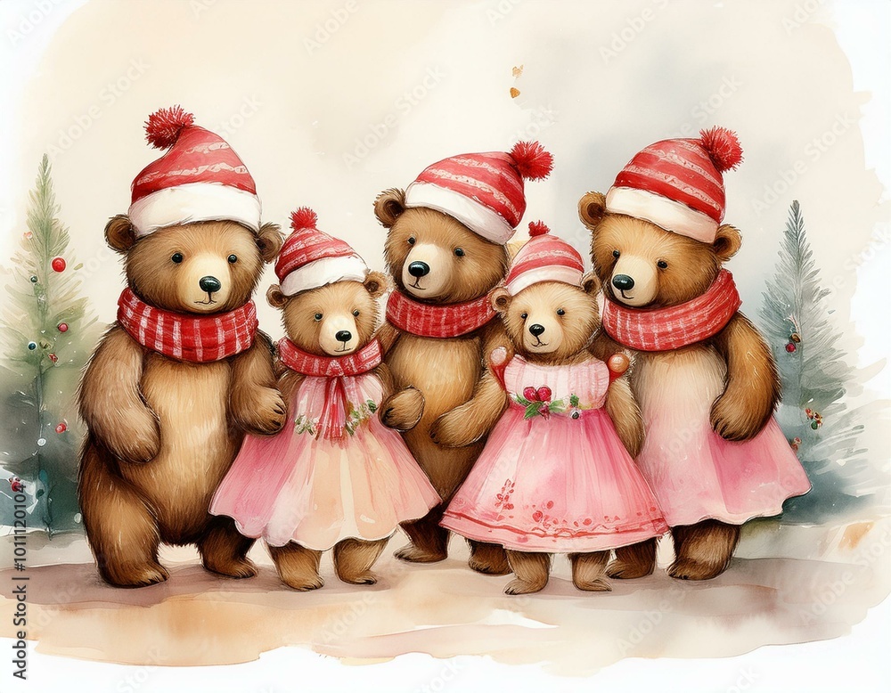 Christmas bears with Santa Hat, Pastel Watercolor Pink Dresses, caroling Christmas bears with Santa Hat, Pastel Watercolor Pink Dresses, caroling